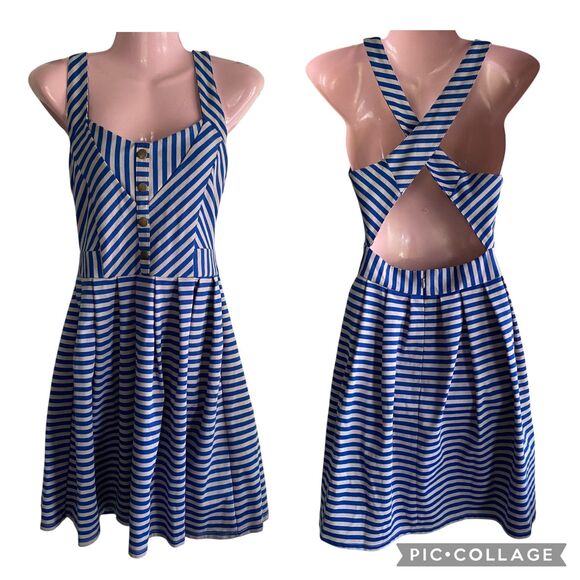 Cooperative Dress Womens Medium Blue White Stripe Skater Cut Out Back Summer Zip - Picture 1 of 8